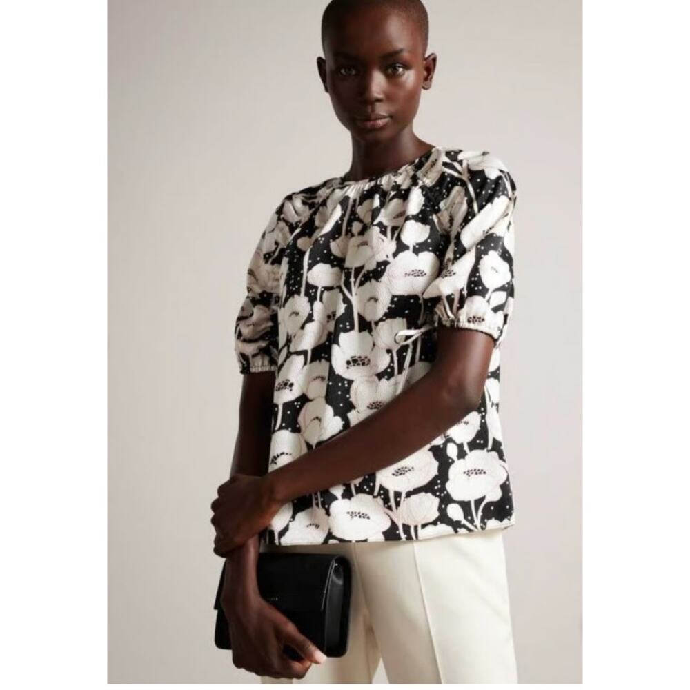 Ted Baker Luciani Black Cream Floral Puff Sleeve Blouse Top Sz 4 US 10